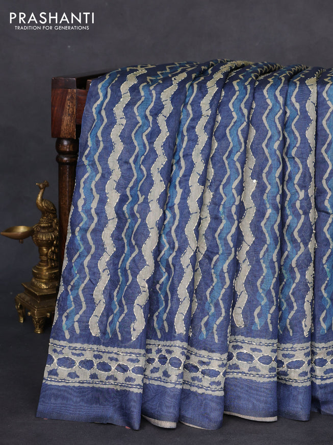 Semi linen saree indigo blue and beige with allover dabu prints & kantha stitch work