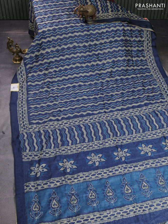 Semi linen saree indigo blue and beige with allover dabu prints & kantha stitch work