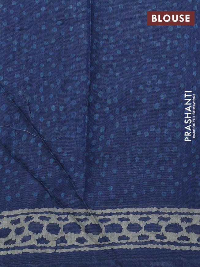 Semi linen saree indigo blue and beige with allover dabu prints & kantha stitch work