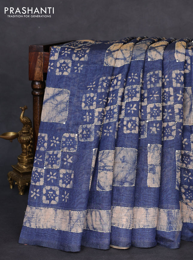 Semi linen saree indigo blue and beige with batik butta prints & kantha stitch work