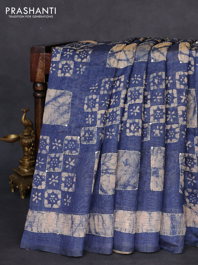 Semi linen saree indigo blue and beige with batik butta prints & kantha stitch work