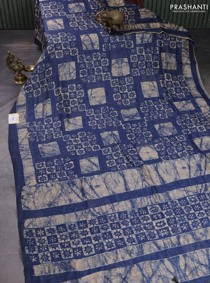 Semi linen saree indigo blue and beige with batik butta prints & kantha stitch work