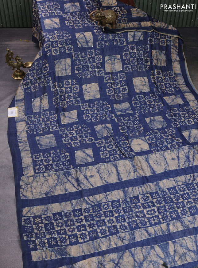 Semi linen saree indigo blue and beige with batik butta prints & kantha stitch work