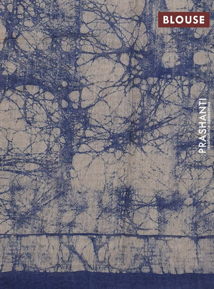 Semi linen saree indigo blue and beige with batik butta prints & kantha stitch work