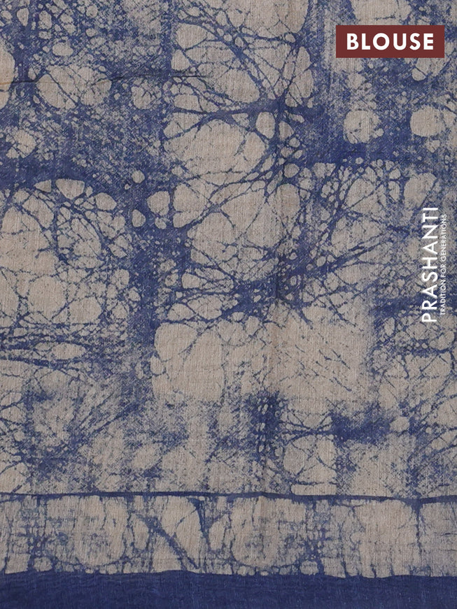 Semi linen saree indigo blue and beige with batik butta prints & kantha stitch work