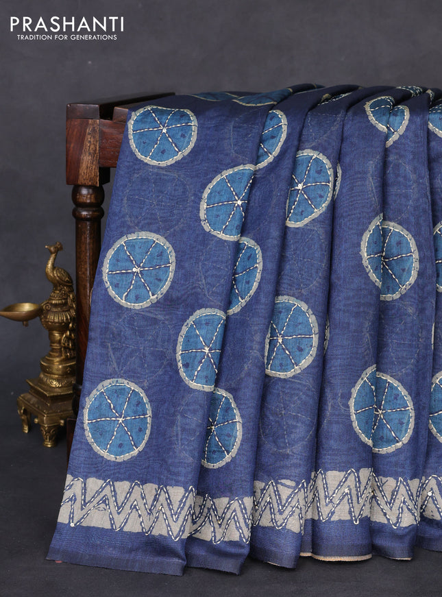 Semi linen saree indigo blue and beige with allover prints & kantha work stitch work