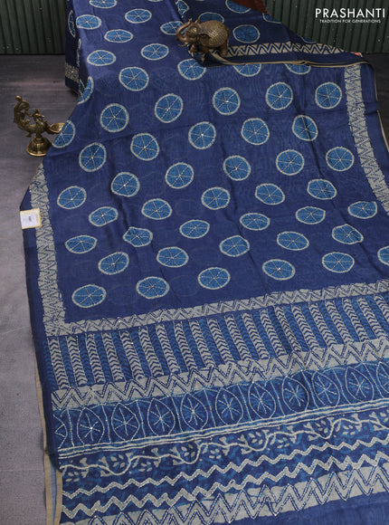 Semi linen saree indigo blue and beige with allover prints & kantha work stitch work