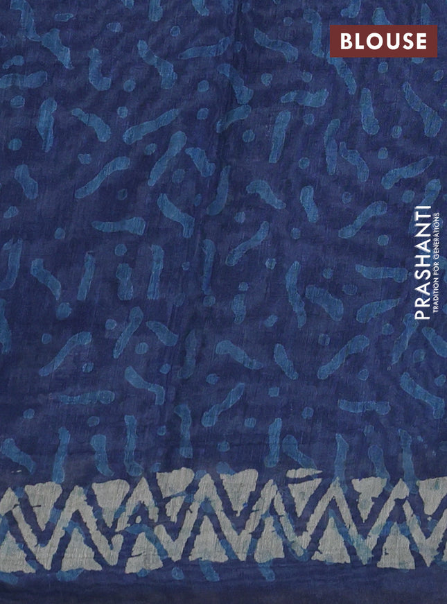 Semi linen saree indigo blue and beige with allover prints & kantha work stitch work