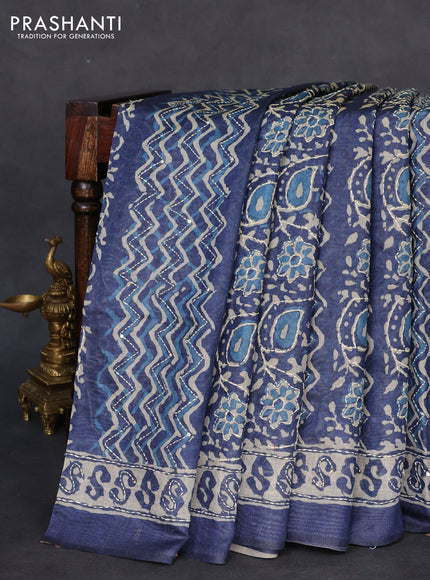 Semi linen saree indigo blue and beige with allover prints & kantha work stitch work