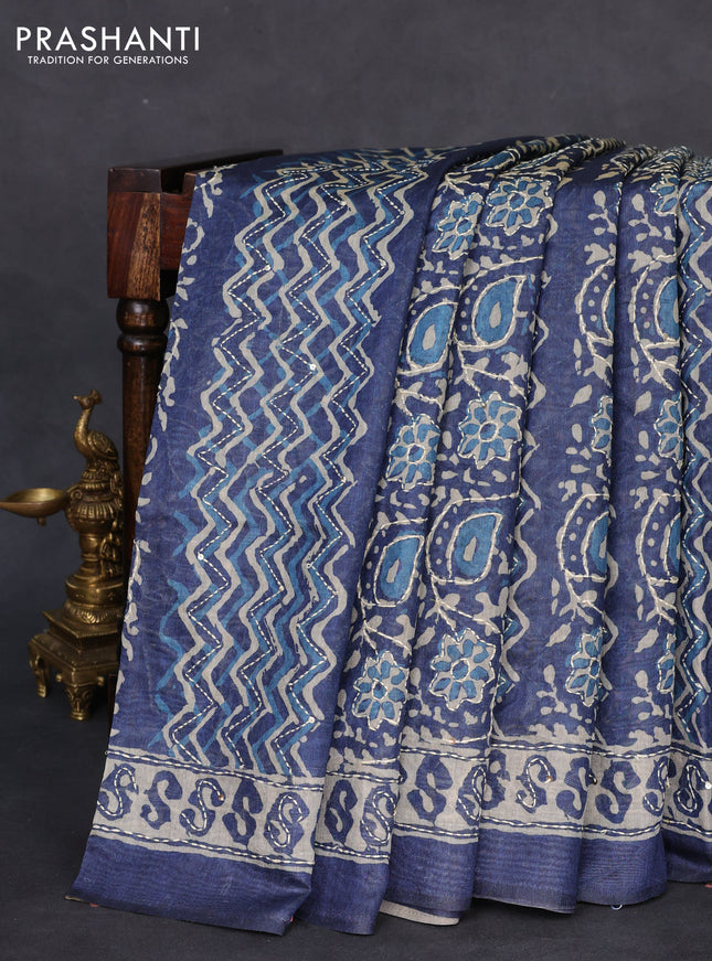 Semi linen saree indigo blue and beige with allover prints & kantha work stitch work