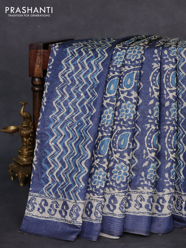 Semi linen saree indigo blue and beige with allover prints & kantha work stitch work