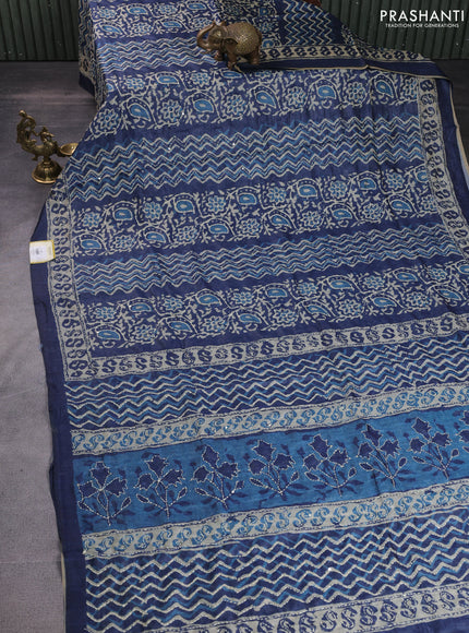 Semi linen saree indigo blue and beige with allover prints & kantha work stitch work
