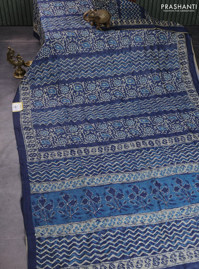 Semi linen saree indigo blue and beige with allover prints & kantha work stitch work