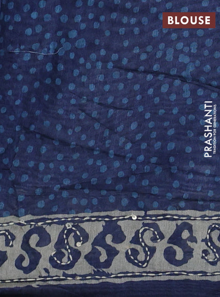 Semi linen saree indigo blue and beige with allover prints & kantha work stitch work