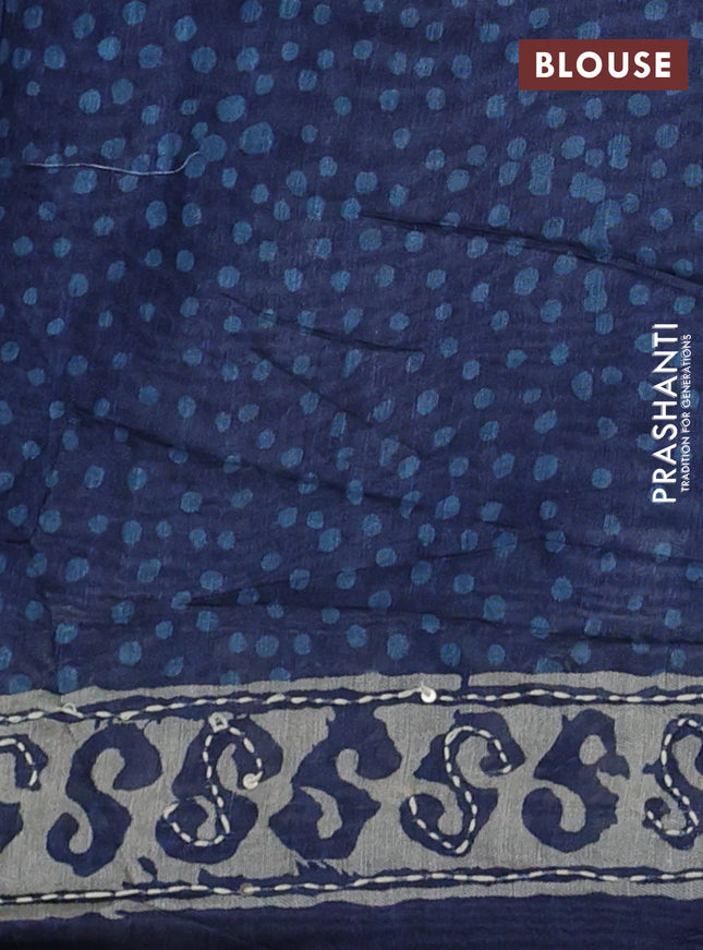 Semi linen saree indigo blue and beige with allover prints & kantha work stitch work