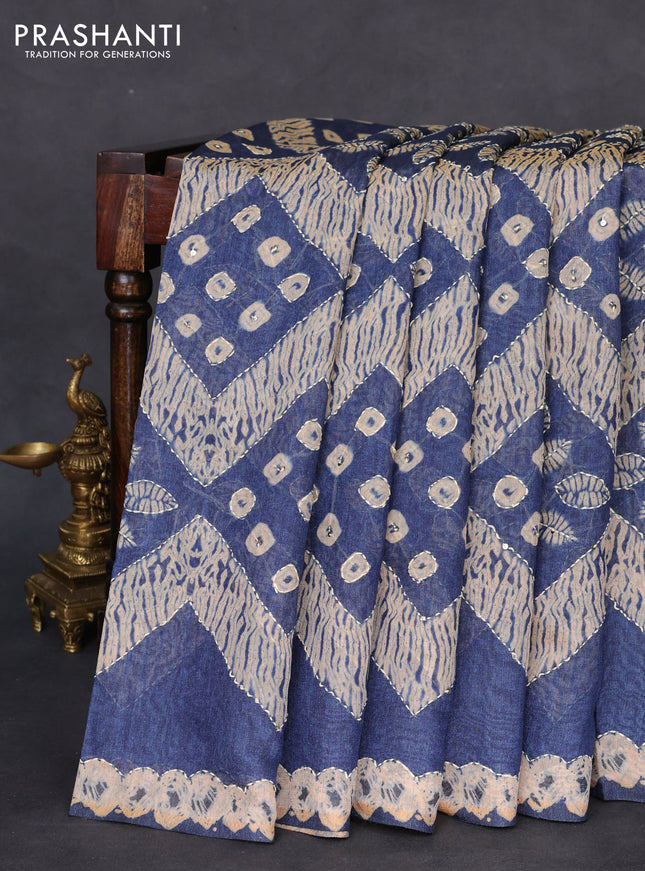 Semi linen saree indigo blue and beige with allover batik shibori prints & kantha stitch work