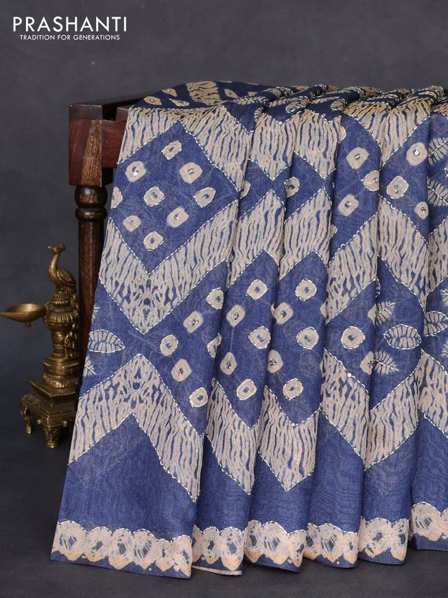 Semi linen saree indigo blue and beige with allover batik shibori prints & kantha stitch work