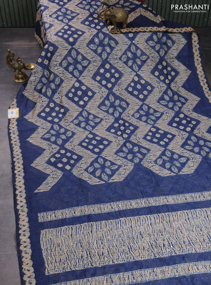 Semi linen saree indigo blue and beige with allover batik shibori prints & kantha stitch work