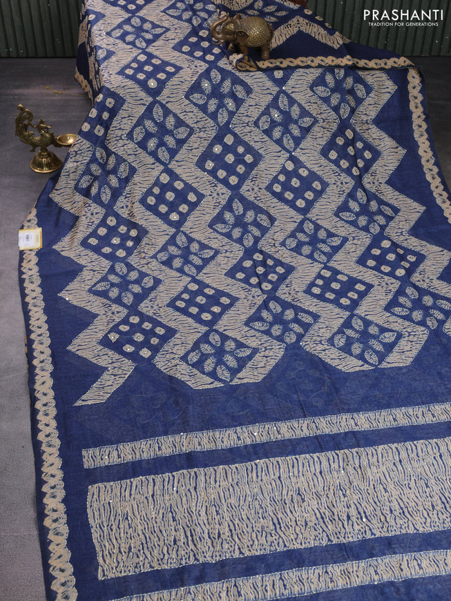 Semi linen saree indigo blue and beige with allover batik shibori prints & kantha stitch work