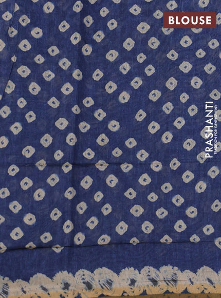 Semi linen saree indigo blue and beige with allover batik shibori prints & kantha stitch work