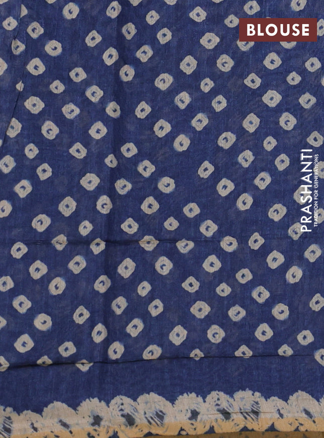Semi linen saree indigo blue and beige with allover batik shibori prints & kantha stitch work