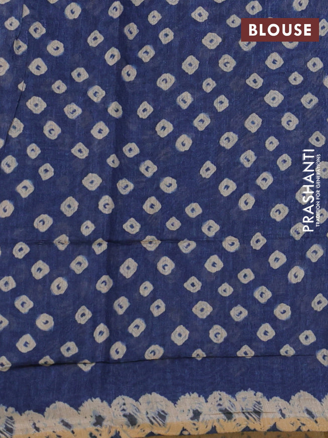 Semi linen saree indigo blue and beige with allover batik shibori prints & kantha stitch work
