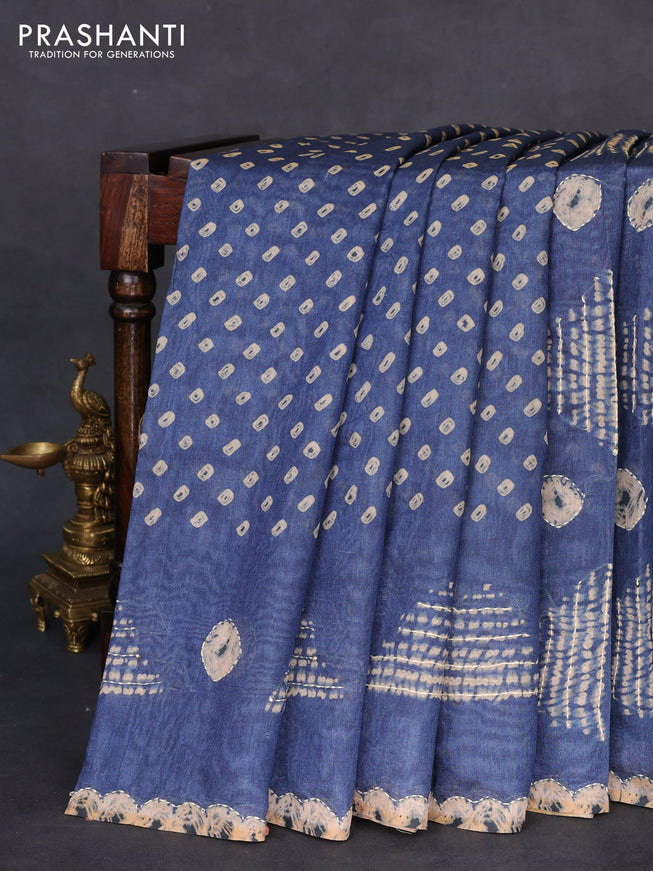 Semi linen saree indigo blue and beige with allover batik shibori prints & kantha stitch work