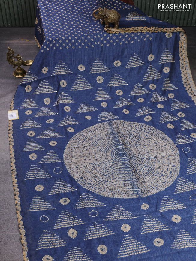 Semi linen saree indigo blue and beige with allover batik shibori prints & kantha stitch work