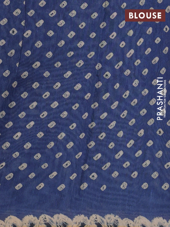 Semi linen saree indigo blue and beige with allover batik shibori prints & kantha stitch work