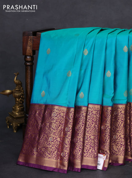Bangalori silk saree teal green and purple with zari woven buttas and long zari woven border