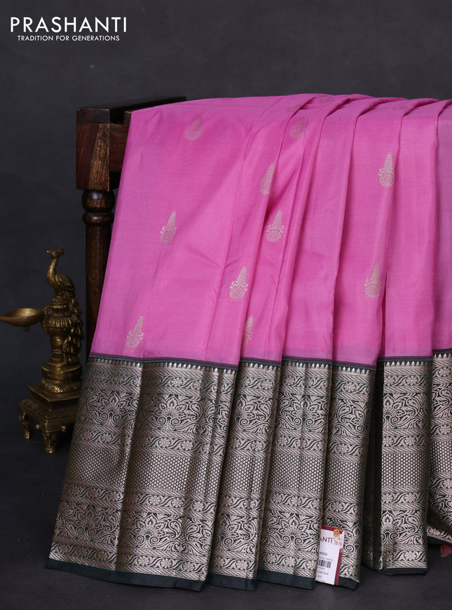Bangalori silk saree lotus pink and bottle green with zari woven buttas and long zari woven border