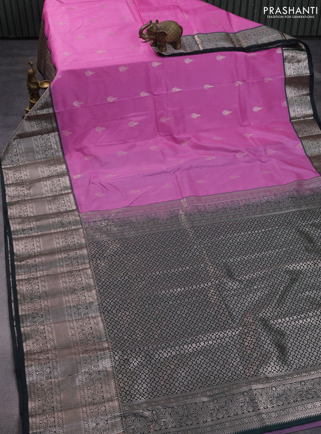 Bangalori silk saree lotus pink and bottle green with zari woven buttas and long zari woven border