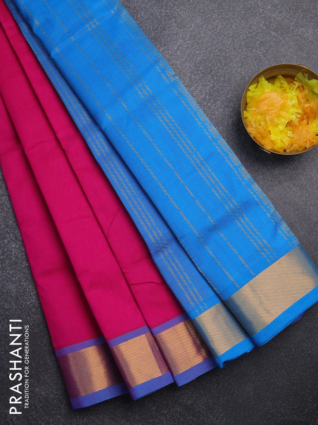 Silk cotton saree pink and blue with plain body and zari woven border