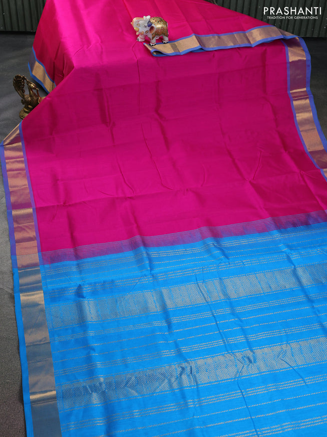 Silk cotton saree pink and blue with plain body and zari woven border