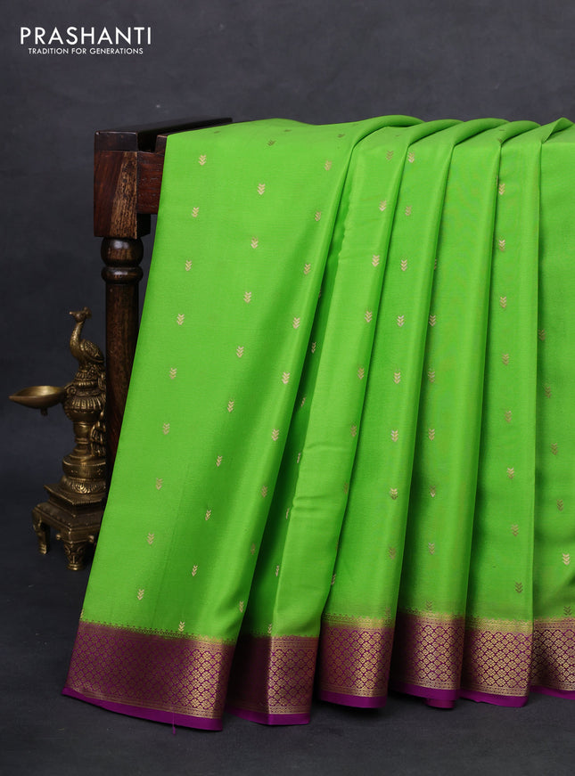 Pure mysore silk saree fluorescent green and purple with zari woven buttas and zari woven border