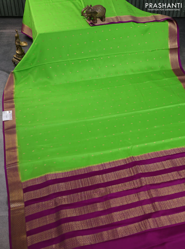Pure mysore silk saree fluorescent green and purple with zari woven buttas and zari woven border