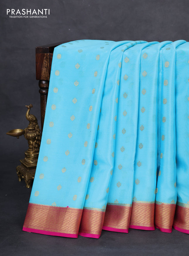 Pure mysore silk saree light blue and pink with zari woven buttas and zari woven border