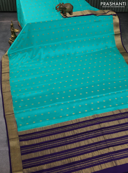 Pure mysore silk saree teal green and navy blue with zari woven buttas and zari woven border
