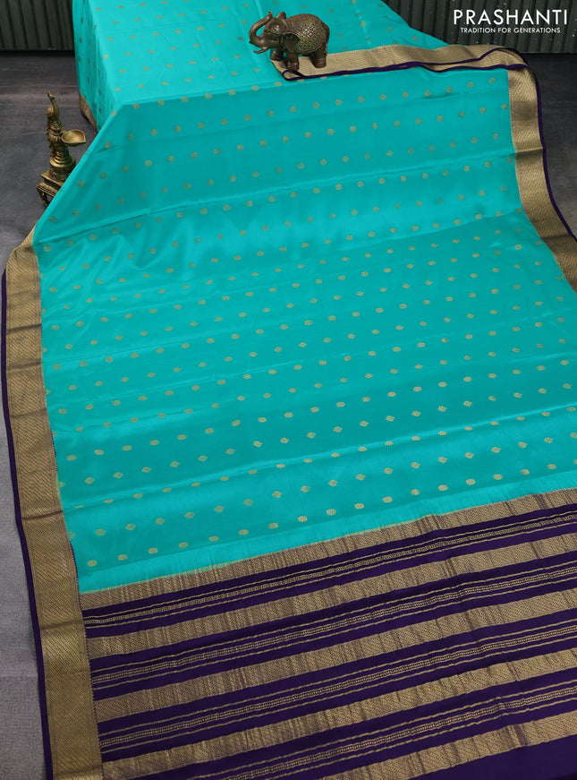 Pure mysore silk saree teal green and navy blue with zari woven buttas and zari woven border