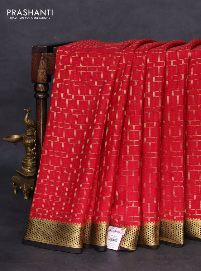 Pure mysore silk saree red and black with allover zari checked pattern and zari woven border