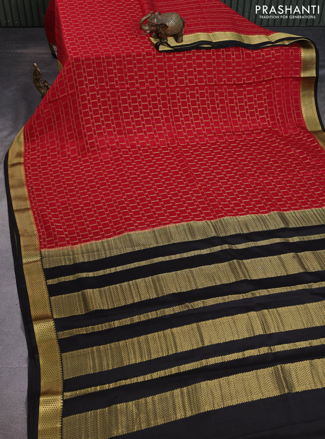 Pure mysore silk saree red and black with allover zari checked pattern and zari woven border