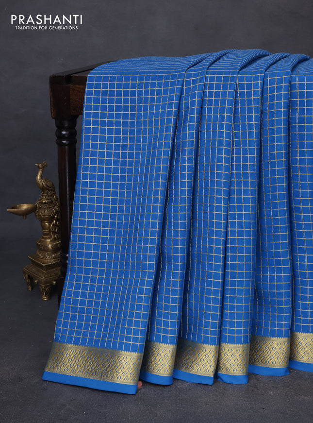 Pure mysore silk saree cs blue with allover zari checked pattern and zari woven border