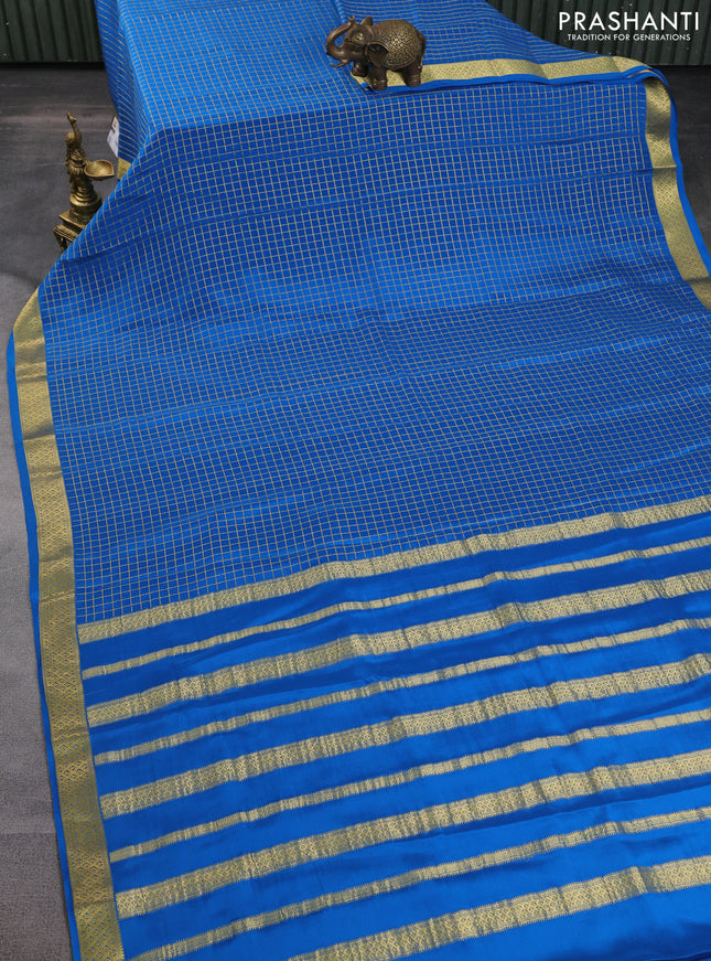 Pure mysore silk saree cs blue with allover zari checked pattern and zari woven border