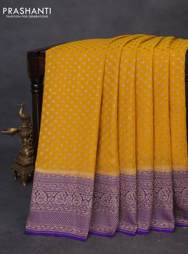 Banarasi georgette saree yelow and violet with allover thread & zari butta weaves and long woven border