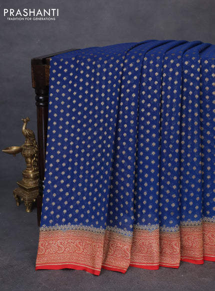 Banarasi georgette saree peacock blue and red with allover thread & zari butta weaves and woven border