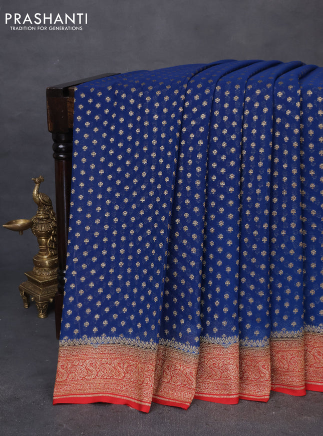 Banarasi georgette saree peacock blue and red with allover thread & zari butta weaves and woven border