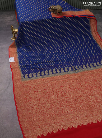 Banarasi georgette saree peacock blue and red with allover thread & zari butta weaves and woven border