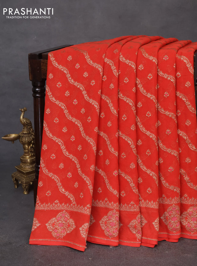 Banarasi georgette saree reddish orange with allover thread & zari weaves and woven butta border