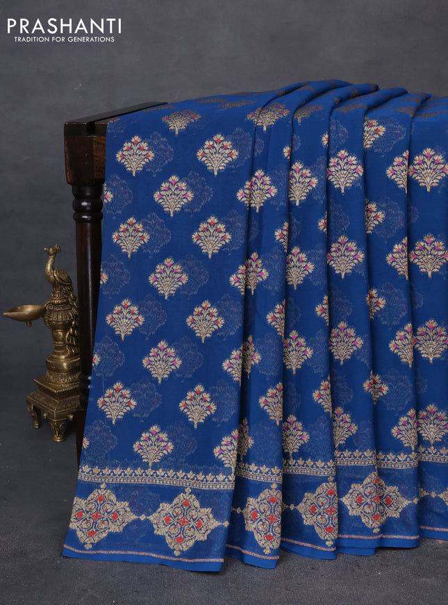 Banarasi georgette saree peacock blue with allover thread & zari butta weaves and woven butta border