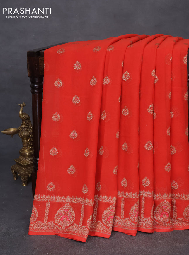 Banarasi georgette saree red with allover thread & zari butta weaves and woven border